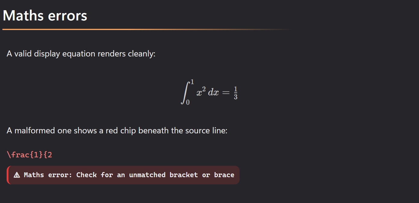 A malformed equation keeps its typed source, shown in red, with a short plain-language note underneath explaining what went wrong