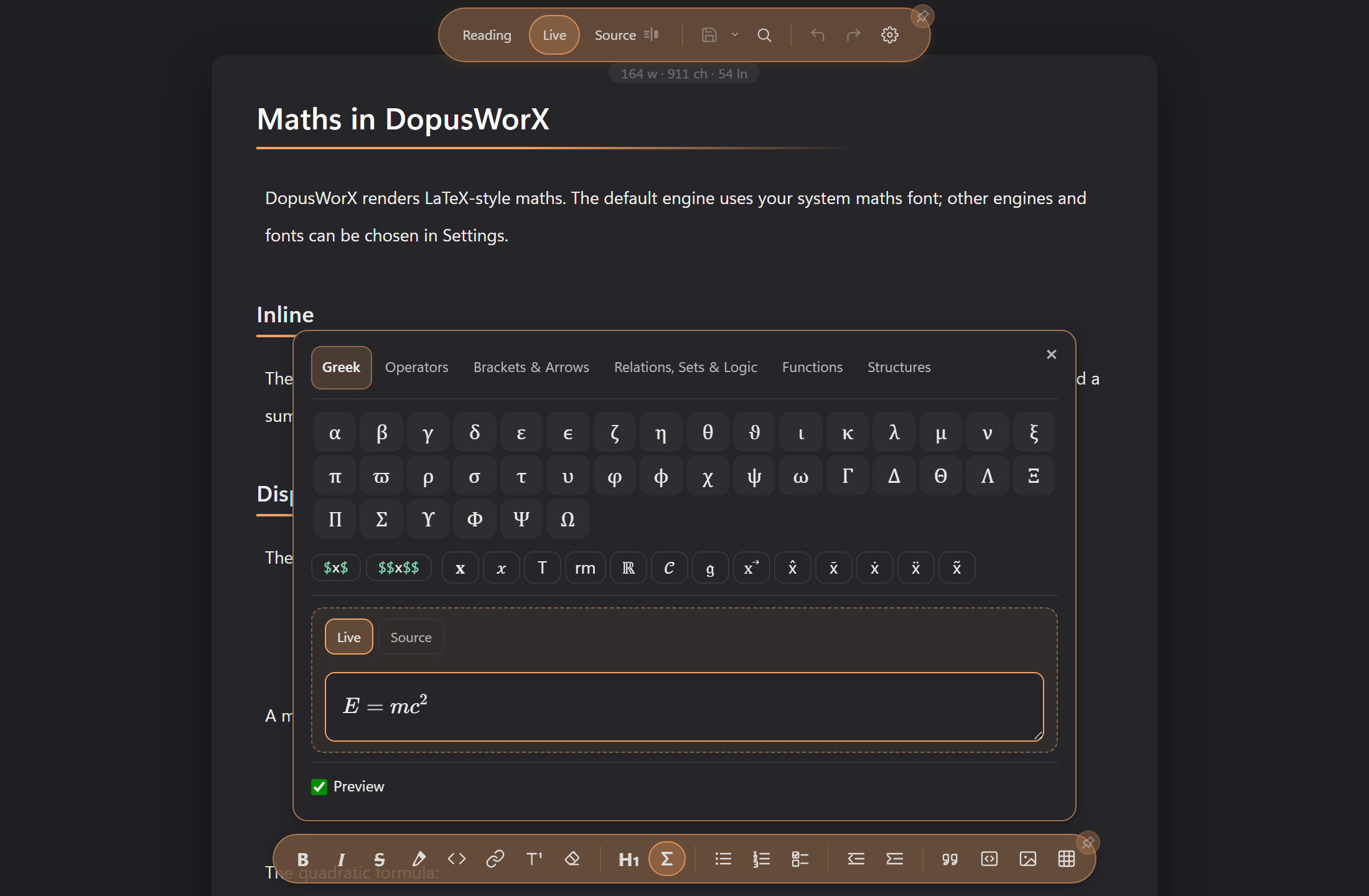 The restyled maths symbol panel: category tabs above a scrollable symbol grid, the inline and display equation buttons, a scrolling styles strip with dividers, and the live preview surface with Live and Source buttons