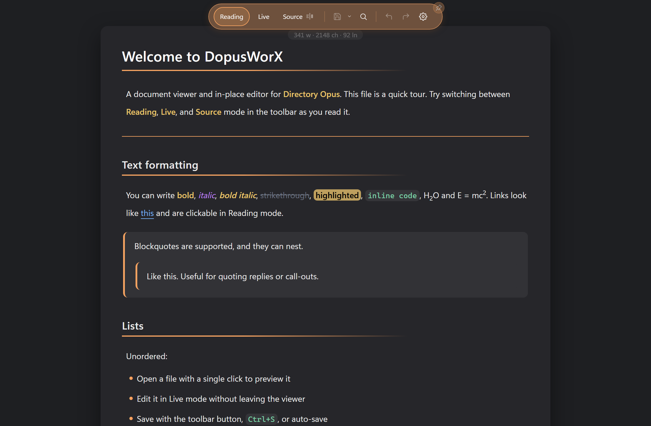 A Markdown file open in Reading mode, with the mode and Save buttons in the top toolbar