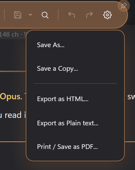 The Save split button with its drop-down open: Save As, Save a Copy, Export as HTML and Print / Save as PDF