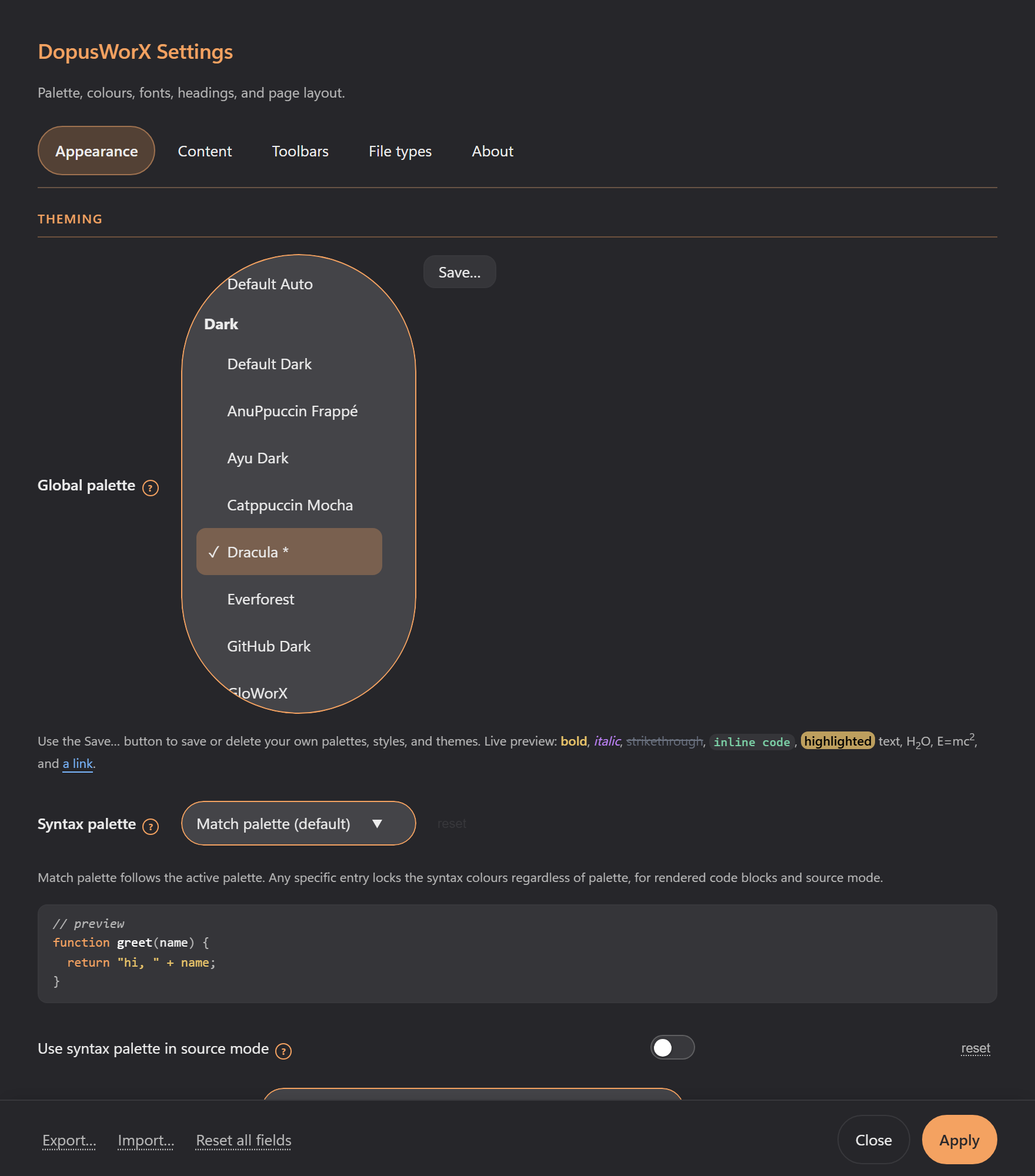 The Appearance tab: the Global palette dropdown open with Default Auto and the grouped dark and light palettes, above the Syntax palette picker