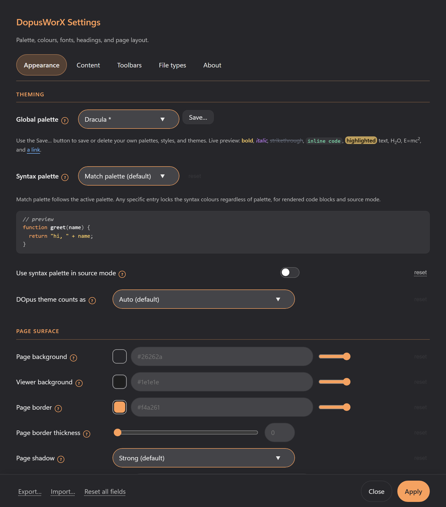 The Settings window on the Appearance tab, showing the five tabs along the top and the Apply and Close buttons at the bottom