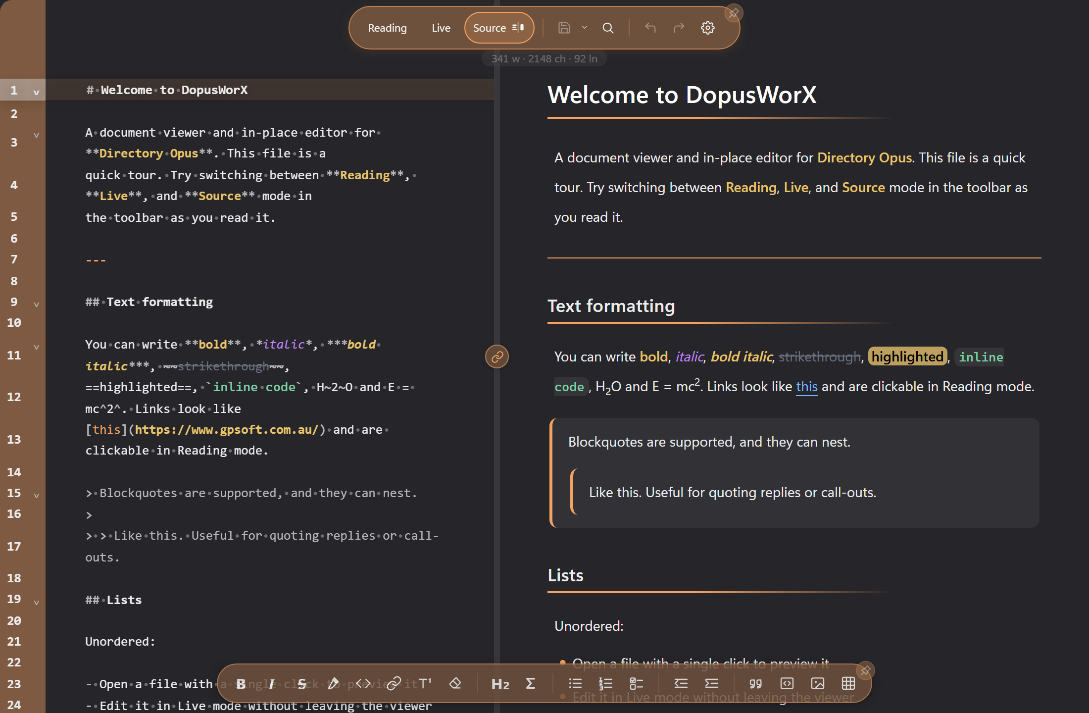 The Source split: raw Markdown on the left, the rendered document on the right, with a draggable divider between them