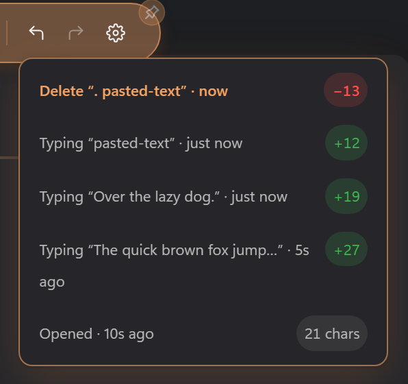 Holding the undo button opens a history of checkpoints, each named with its action, a quoted snippet, a size delta and an age