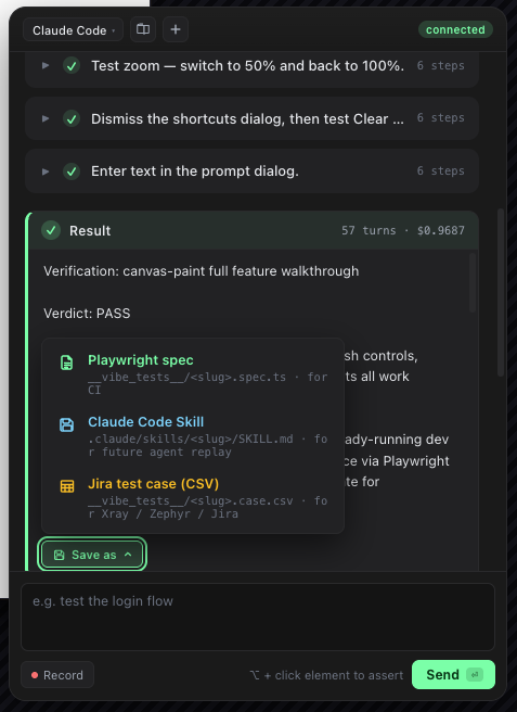 Save dropdown — Playwright spec, Claude Code Skill, Jira test case (CSV)