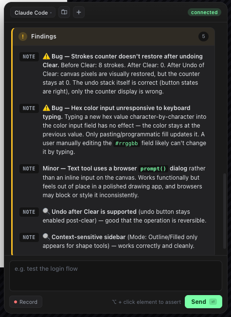 Findings card — bugs and minor issues the agent flagged