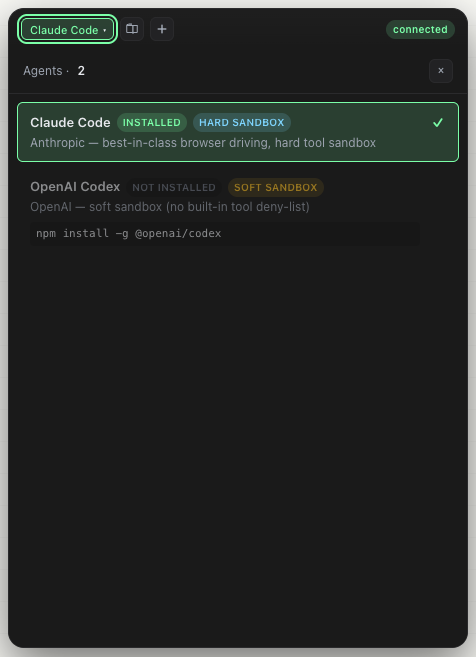 Agent picker dropdown — Claude Code installed, OpenAI Codex available