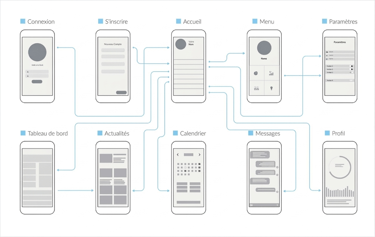 wireframe UX UI d’une application mobile illustrant le parcours utilisateur et l’organisation des écrans