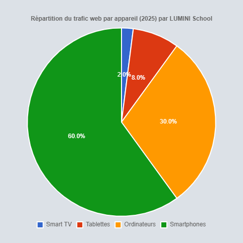 Diagramme circulaire montrant la répartition du trafic web mondial en 2025 par type d’appareil : smartphones 60 %, ordinateurs 30 %, tablettes 8 %, smart TV 2 %
