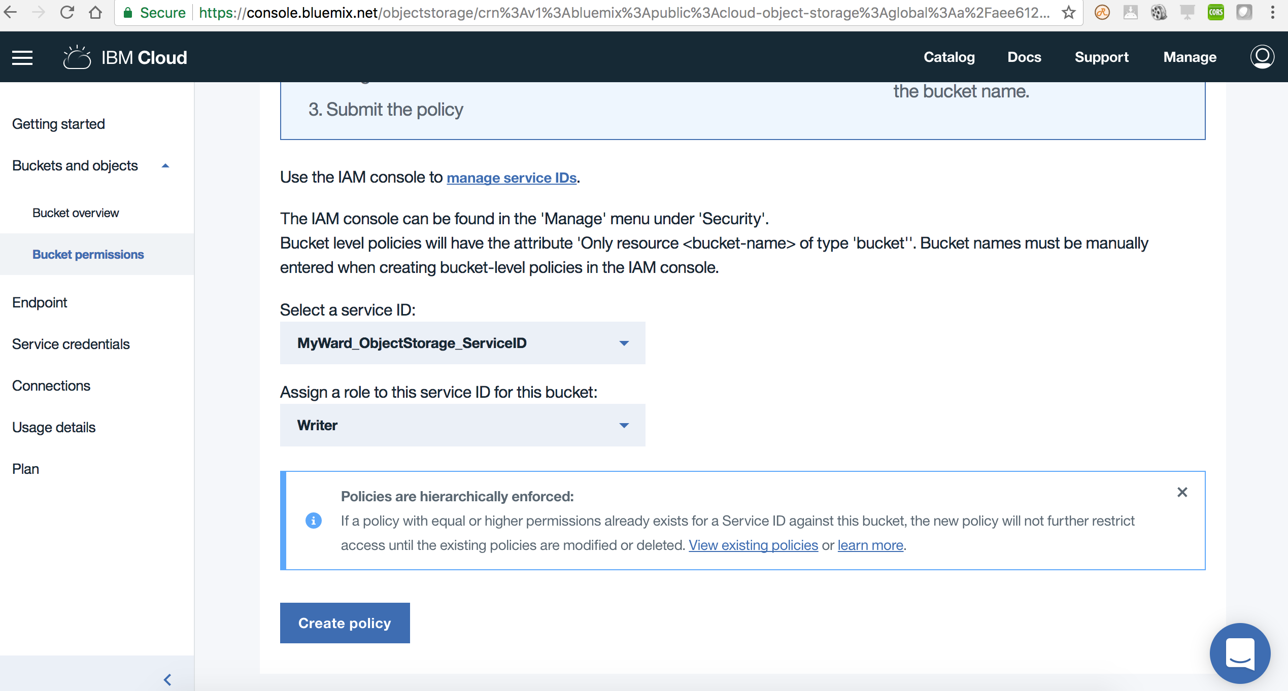 Add Writer role to the Service ID in IBM Cloud Object Storage