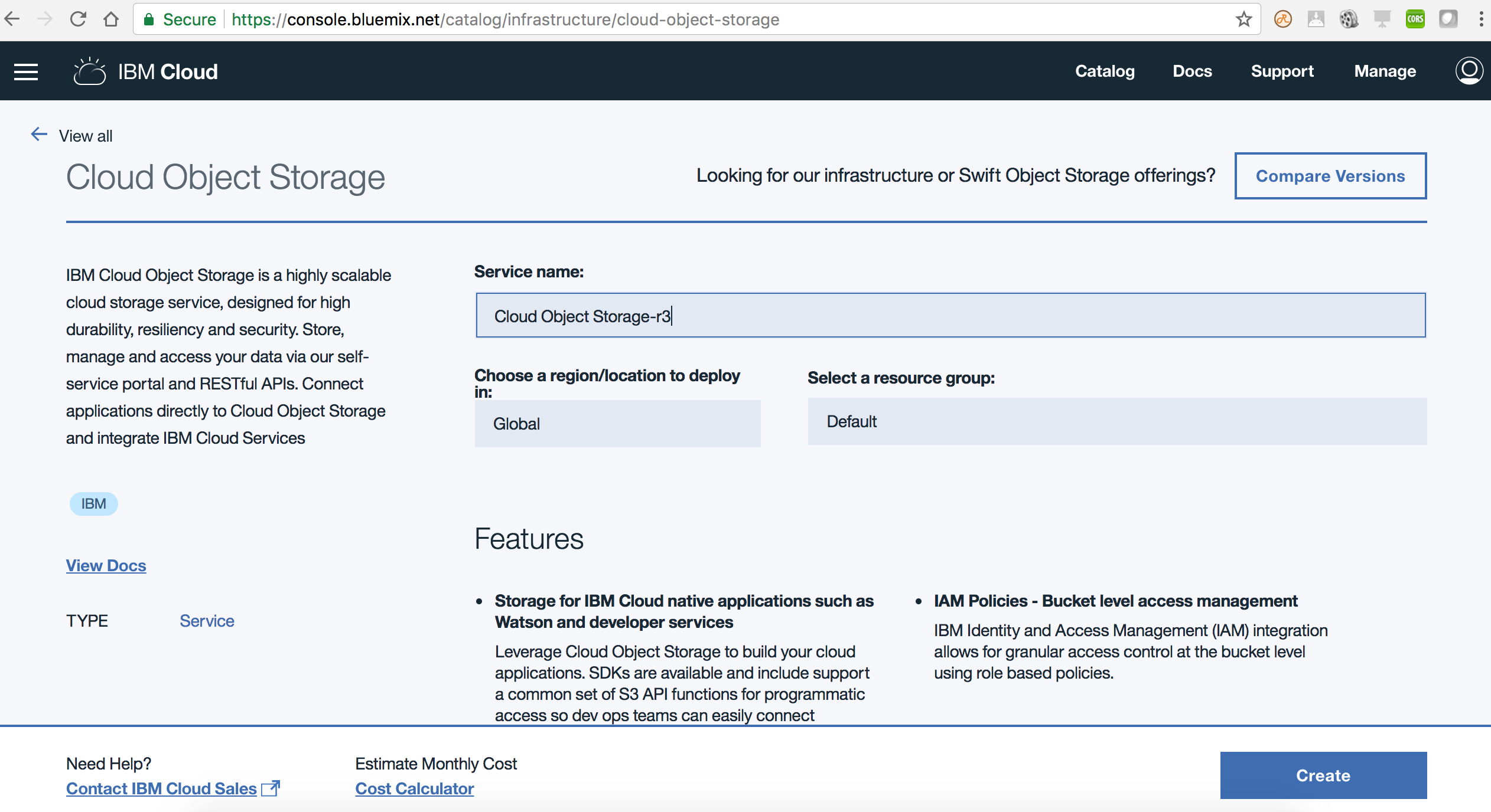Create IBM Cloud Object Storage service