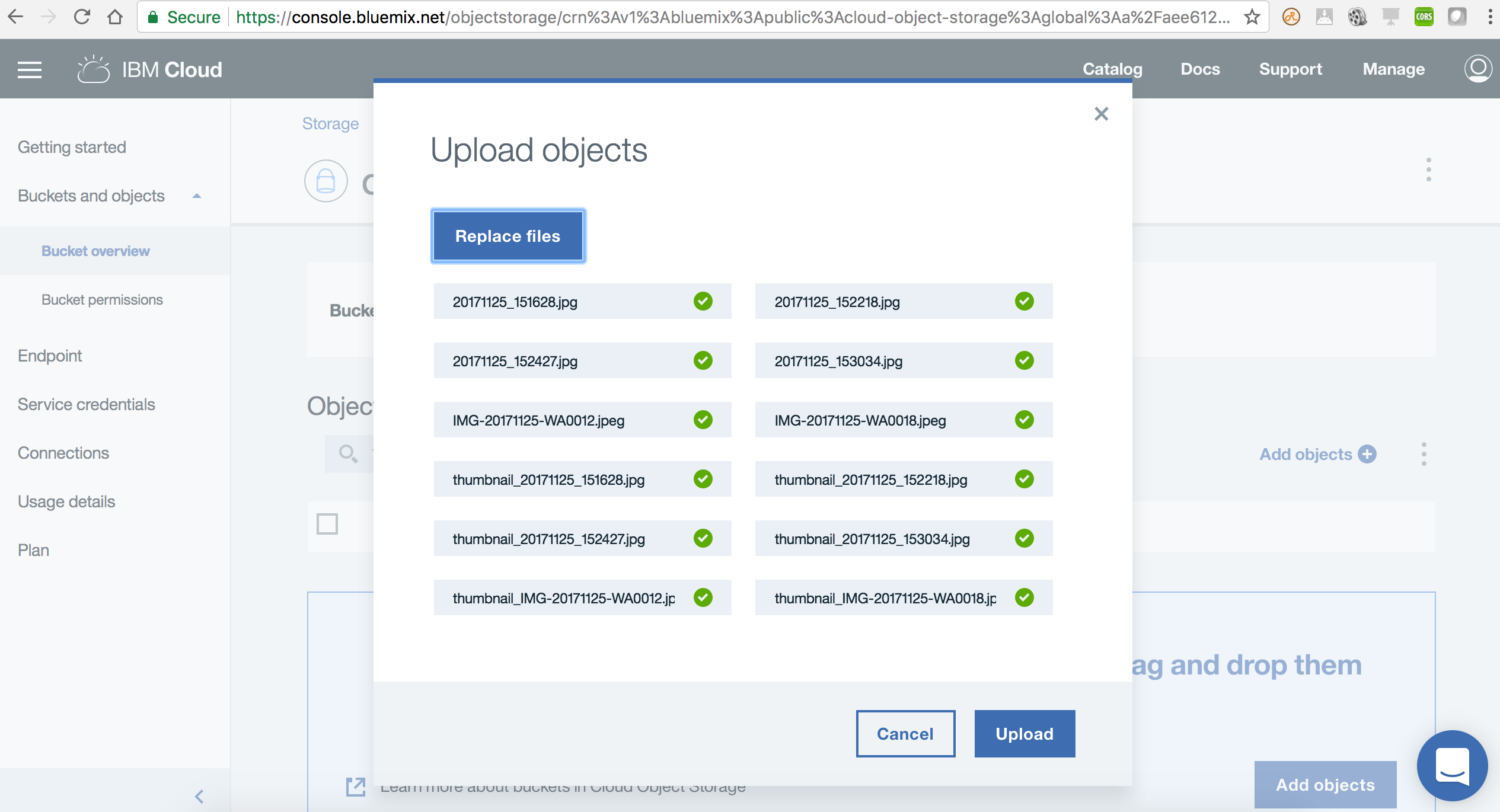 Upload objects to IBM Cloud Object Storage
