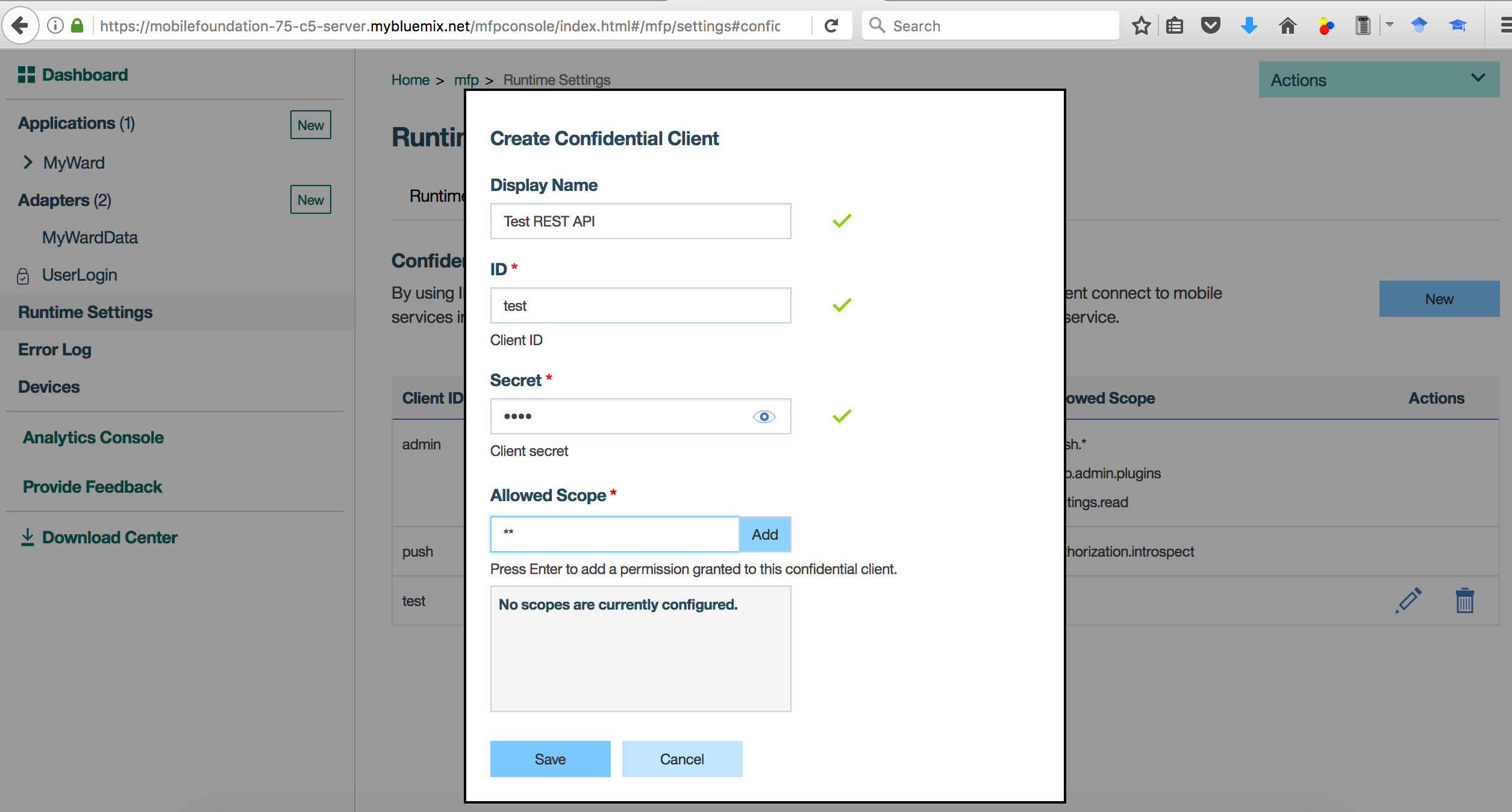 MFP - Create Confidential Client to test Adapter REST APIs