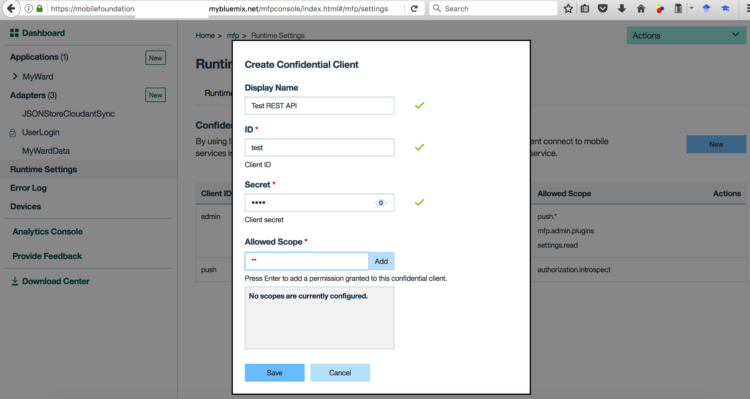 MFP - Create Confidential Client to test Adapter REST APIs