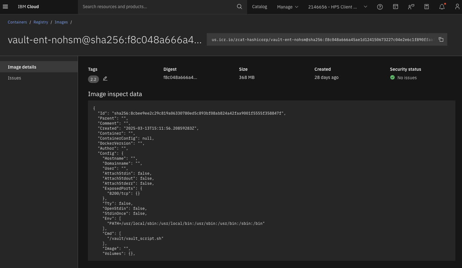 IBM Cloud Container Registry showing image digest in SHA-256 format