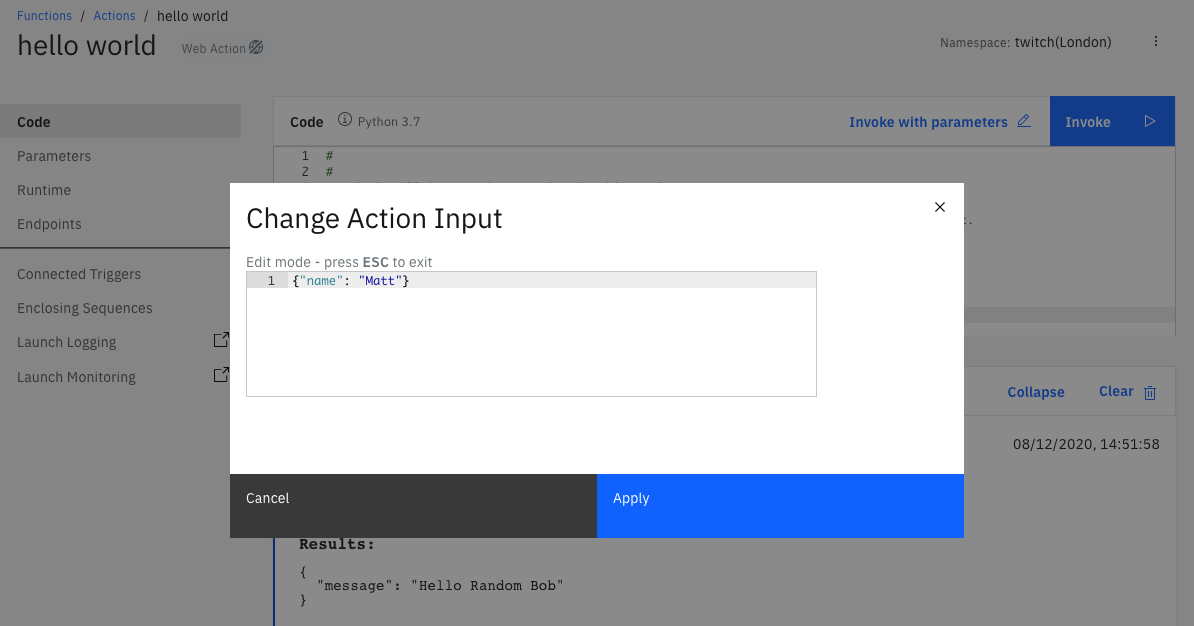 Change Action inputs screen