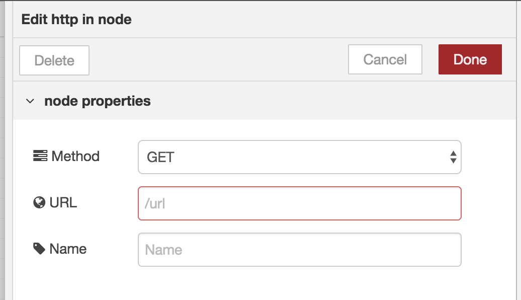 The configuration panel for a Node-RED http node