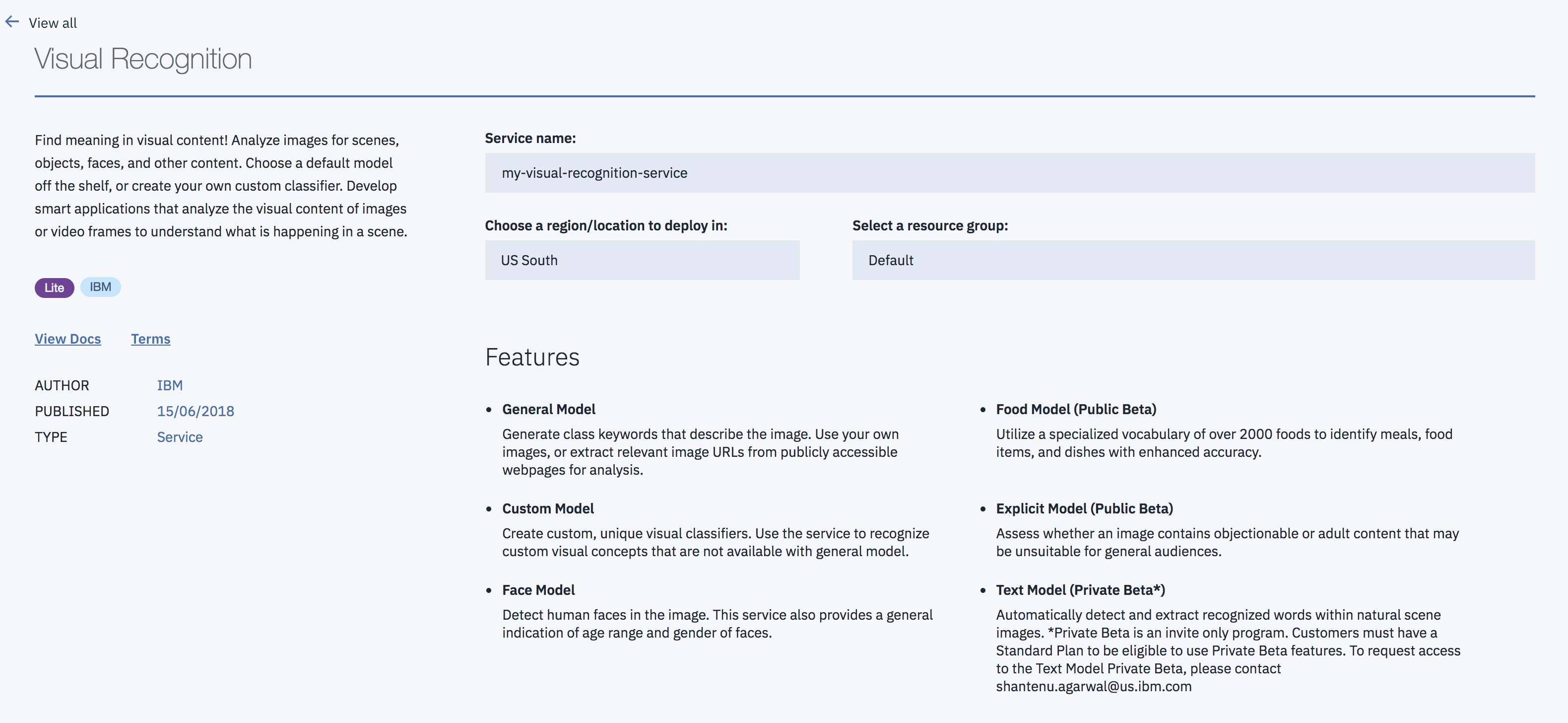 An image showing the visual recognition service creation dashboard