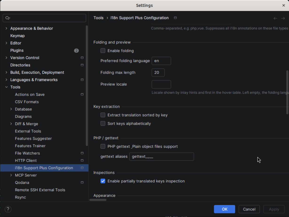 Settings — folding, extraction, gettext, inspections