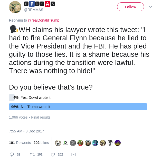 WH claims his lawyer wrote this tweet: "I had to fire General Flynn because he lied to the Vice President and the FBI. He has pled guilty to those lies. It is a shame because his actions during the transition were lawful. There was nothing to hide!" Do you believe that's true?