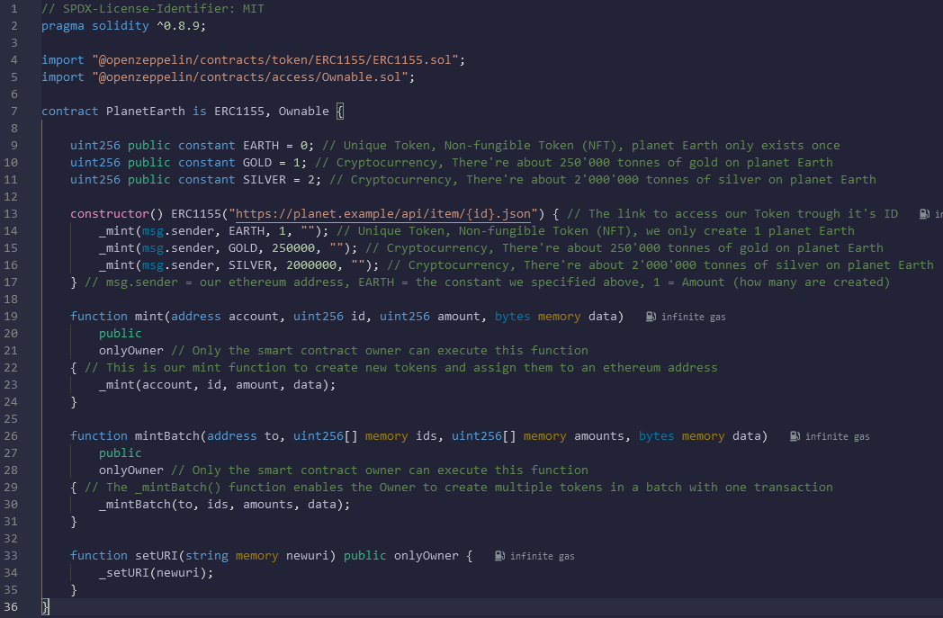 Remix Solidity IDE Ethereum erc 1155 erc1155 erc-1155 item planet earth gold silver game blockchain