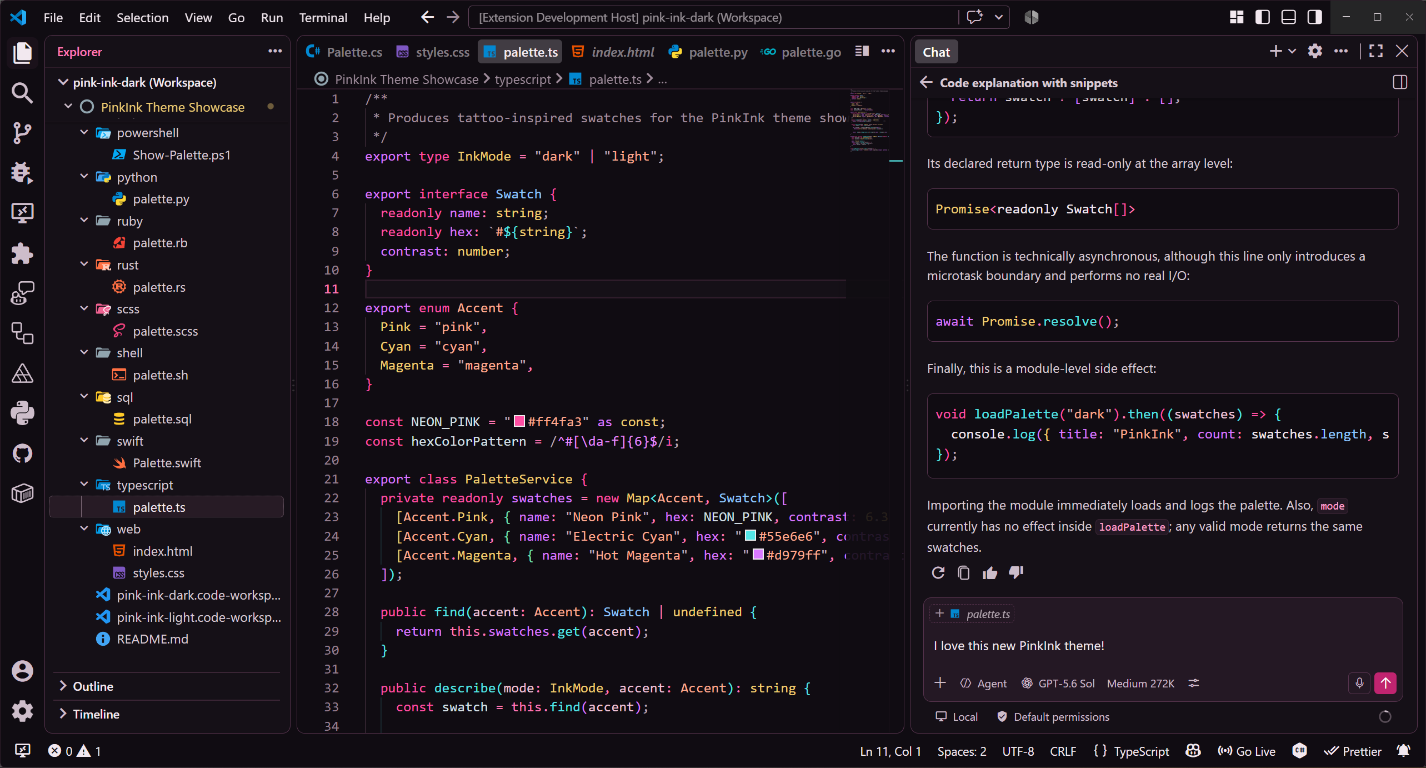 PinkInk Dark editor preview