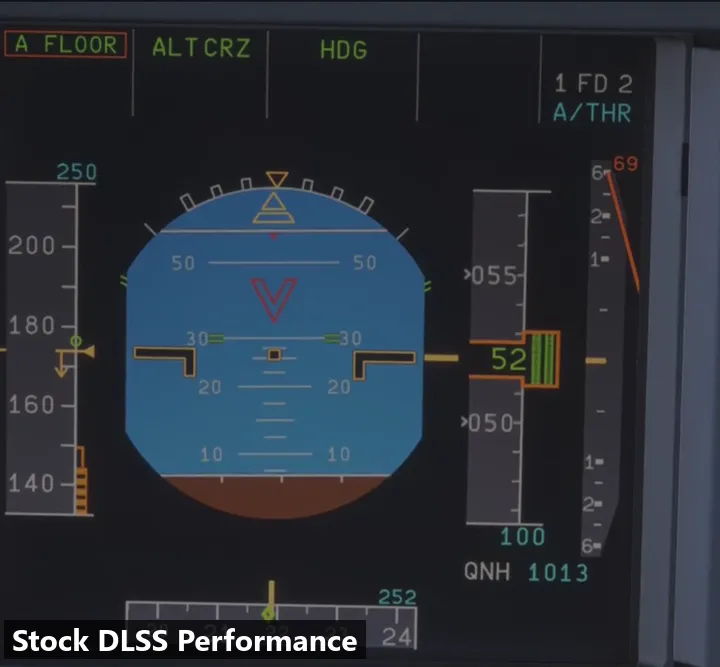 Fenix A320 PFD in DLSS Performance: 8 s of stock DLSS smearing the altitude readout, then 8 s with the fix