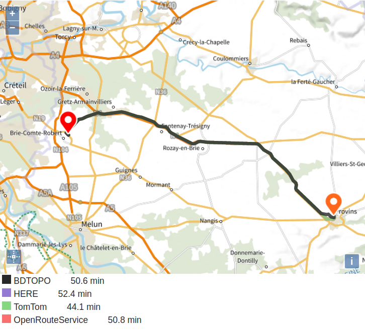 Comparaison des itinéraires de Road2 et de différents services disponibles en milieu non urbain