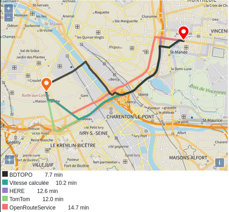 Comparaison des itinéraires de Road2 avec et sans recalcul des vitesses et de différents services disponibles en milieu urbain