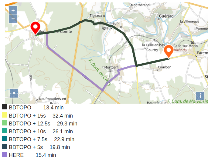 Comparaison des itinéraires de Road2 avec divers coûts ajoutés à chaque tronçon et de HERE en milieu non urbain