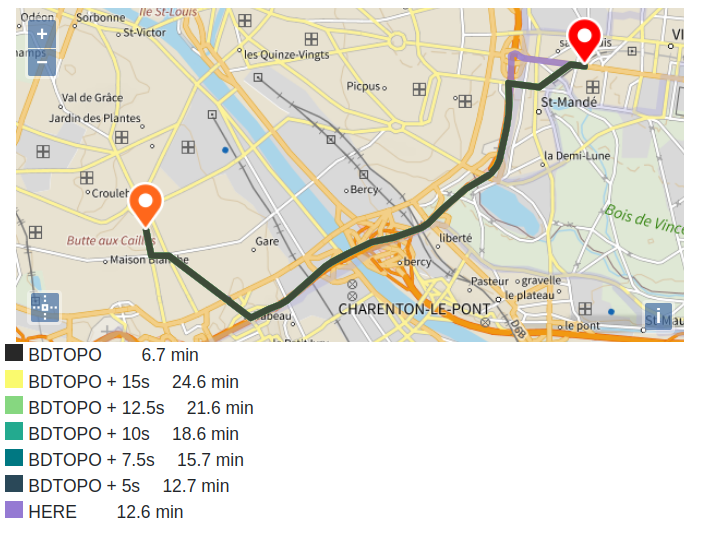 Comparaison des itinéraires de Road2 avec divers coûts ajoutés à chaque tronçon et de HERE en milieu urbain