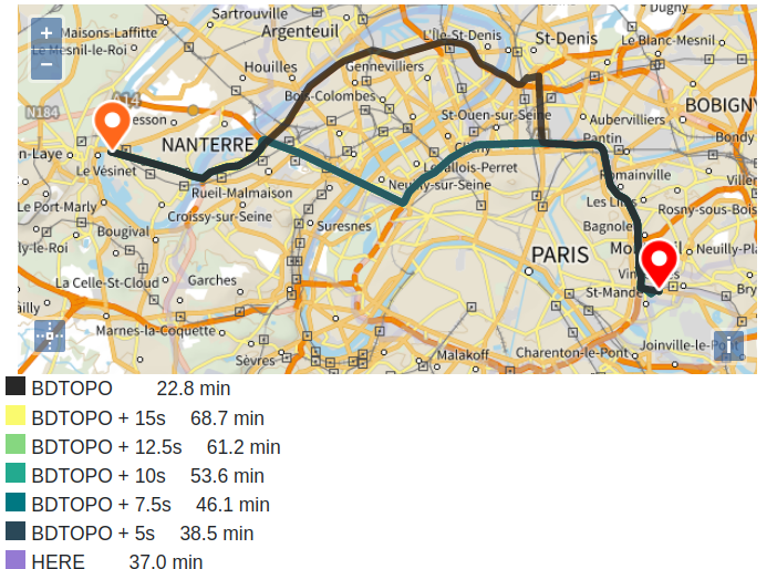 Comparaison des itinéraires de Road2 avec divers coûts ajoutés à chaque tronçon et de HERE en milieu urbain