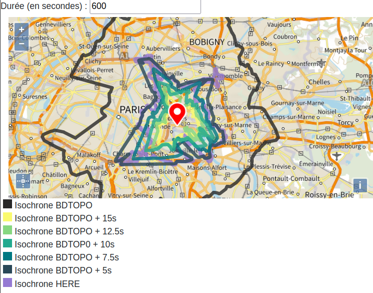 Comparaison des isochones de Road2 avec divers coûts ajoutés à chaque tronçon et de HERE en milieu urbain