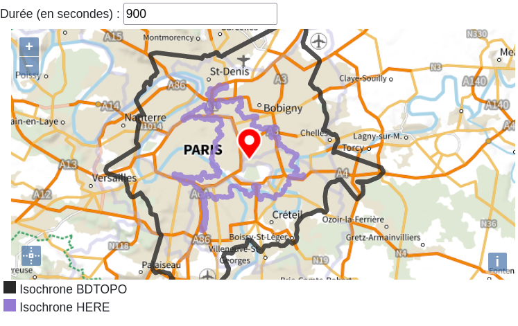 Comparaison des isochrones de Road2 et de HERE en milieu urbain