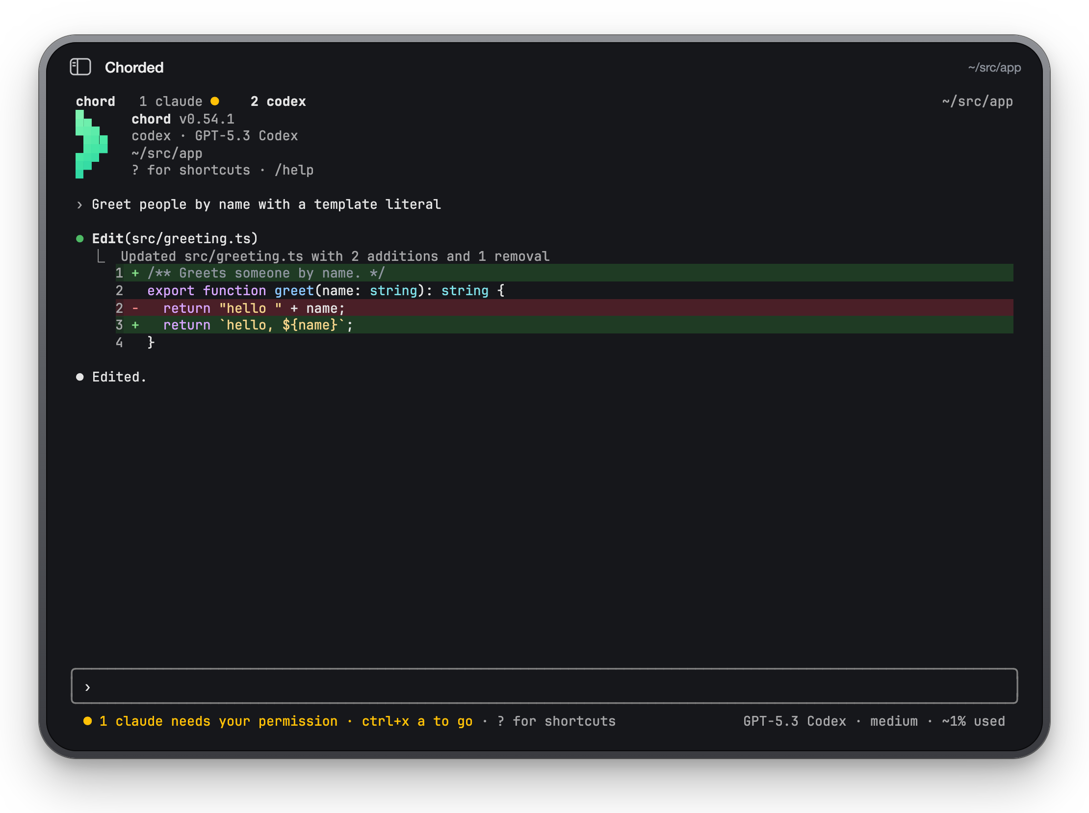 Two tabs, claude waiting on a permission behind, codex in front