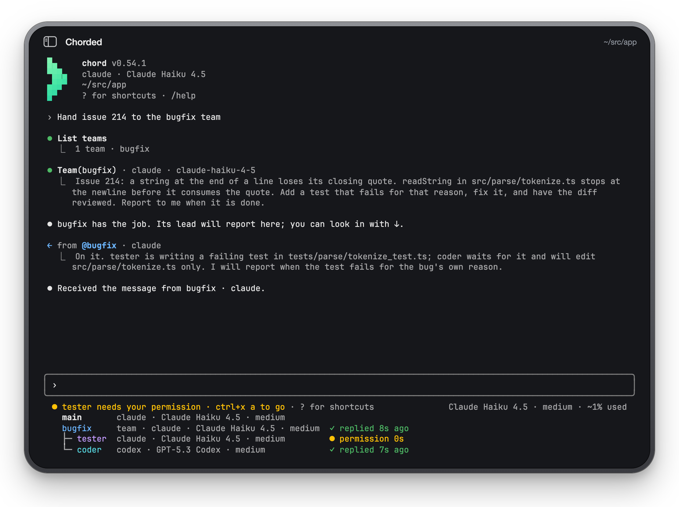 chord handing an issue to a team: a lead, a tester on Claude and a coder on Codex, each with its state in the list under the prompt