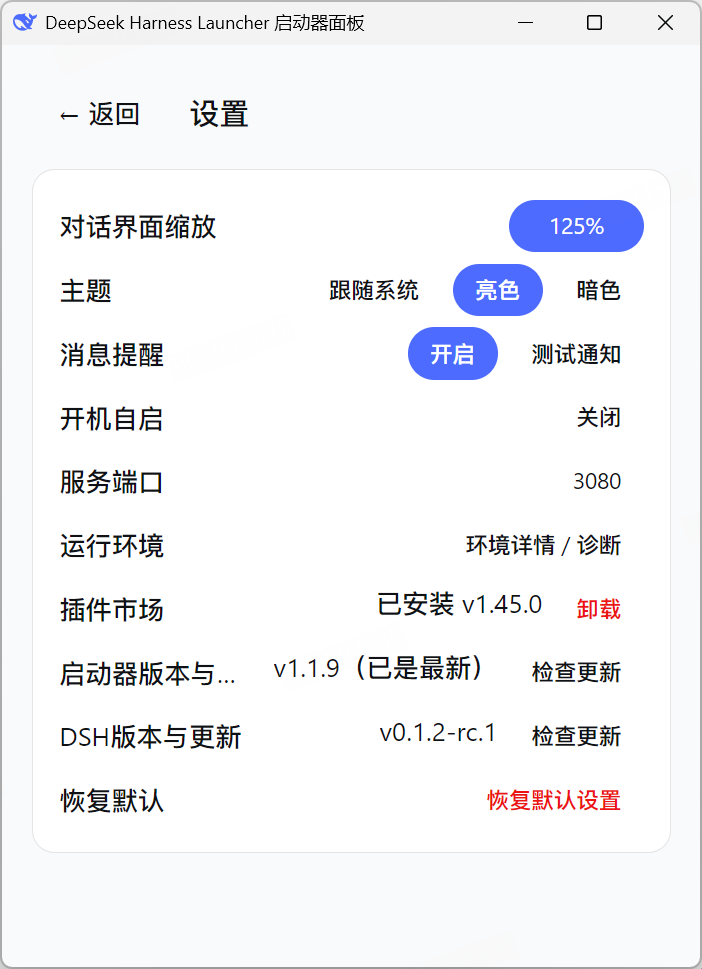 设置页:缩放、主题、端口、插件市场与 DSH 更新渠道