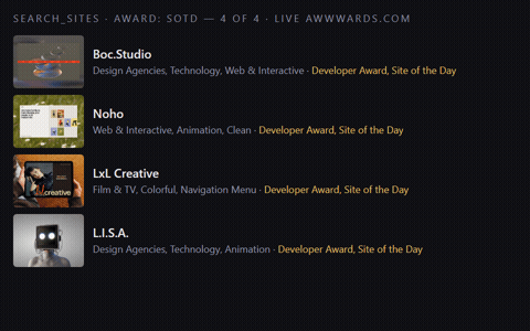 awwwards-mcp in action: search results, design DNA, motion filmstrip, band map — real tool output