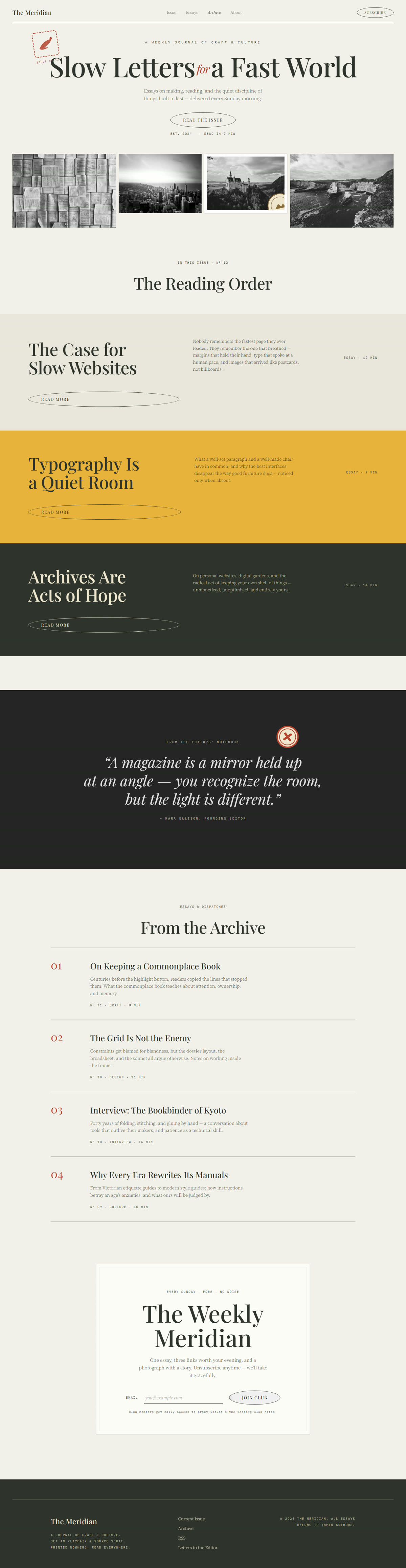 The Meridian editorial journal — full-page build capture