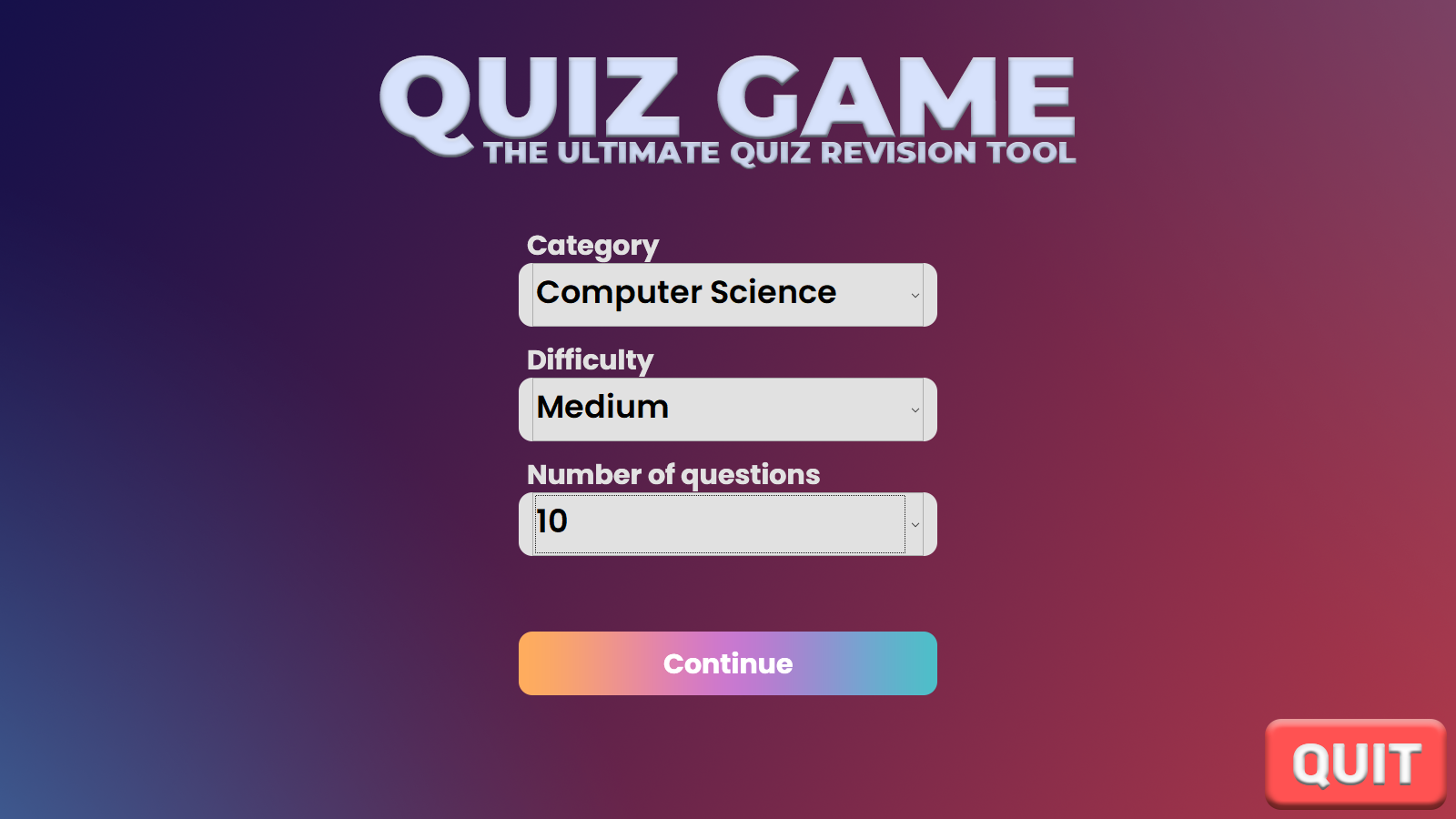 Quiz topic and length selector page