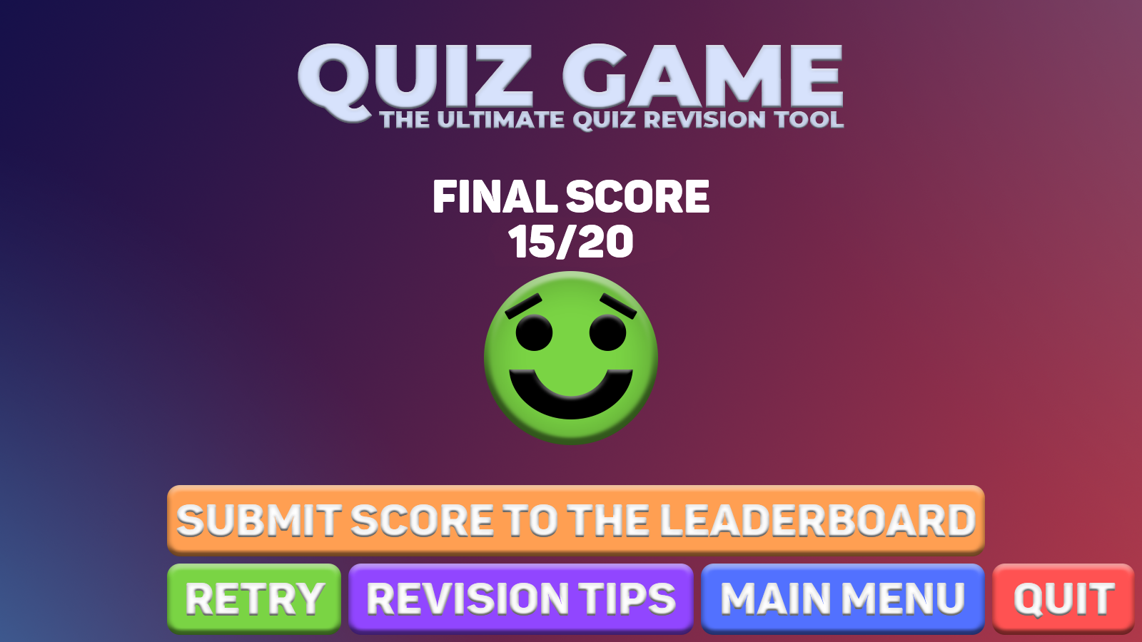Post-quiz screen that shows score
