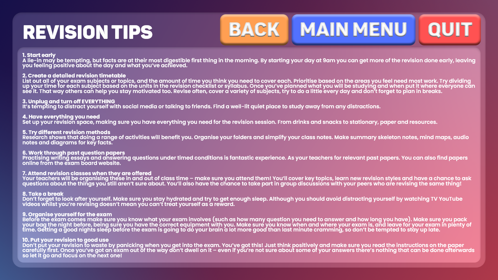 Revision Tips page