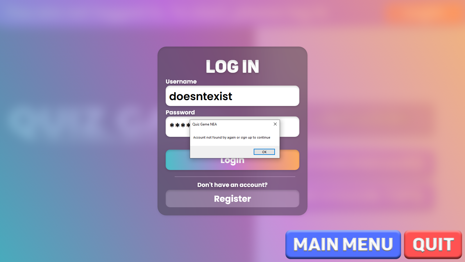 Login with account that doesnt exist