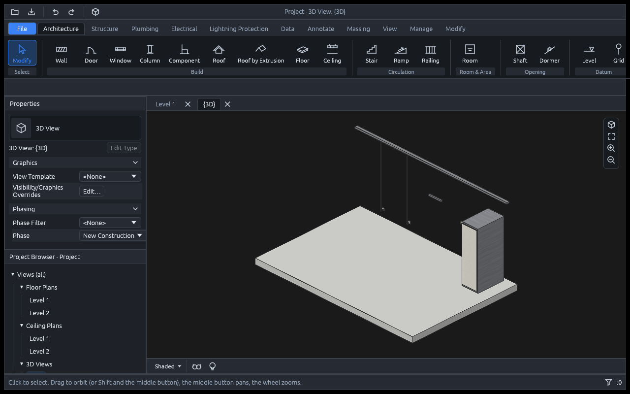 A 3D view in dark mode of a room's slab with its walls hidden: a floor rack, a cable tray under the ceiling along the back wall, two cables dropping from it to data outlets and a patch panel on the wall