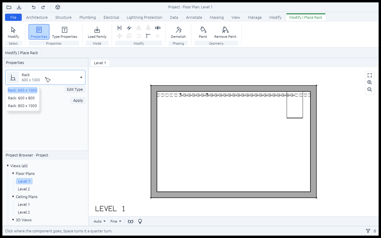 The Data tab's Rack tool in a plan: the Type Selector open on Rack types only, the contextual tab Modify | Place Rack