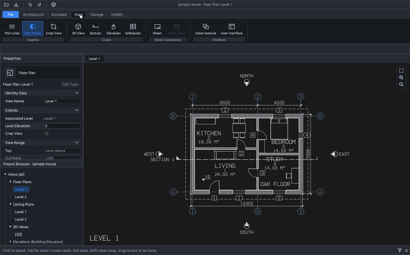The desktop app in dark mode: the View tab with Dark Mode and Crop View, the chrome dark, and the Level 1 plan drawn light on a dark ground, the walls' poché grey and the grids blue
