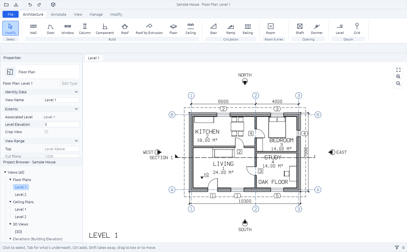 The BIMCraft desktop app on the sample house: the ribbon's Architecture tab (Wall, Door, Window, Column, Component, Roof, Roof by Extrusion, Floor, Ceiling, Stair, Ramp, Railing, Room, Shaft, Dormer, Level, Grid), Properties with the plan's view range and the Project Browser, with its floor and ceiling plans, on the left, and the Level 1 plan with its furniture (a sofa, a dining table and chairs, a base cabinet, a bed, a wardrobe, a desk), dimensions, tags, a spot elevation, a note, the section, four elevation markers and the roof's edge dashed overhead