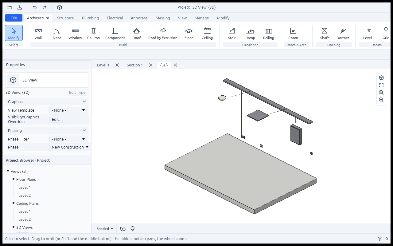 A 3D view of a room's slab with its walls hidden: a cable tray along the back wall under the ceiling, a distribution board below it, a ceiling and a recessed luminaire hung from wires, and outlets and a switch on the wall