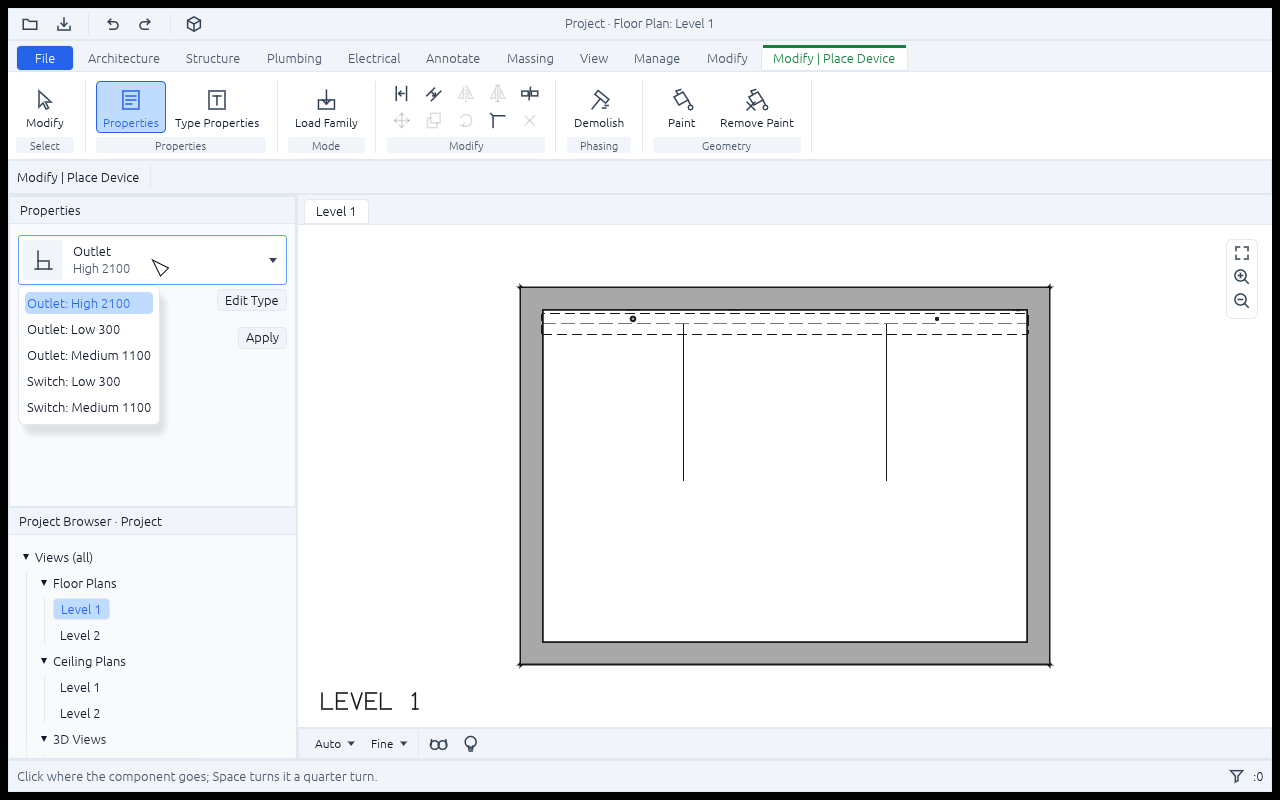 The Electrical tab's Device tool in a plan: its Type Selector open on Outlet and Switch types only, High 2100 picked, the contextual tab Modify | Place Device with Load Family