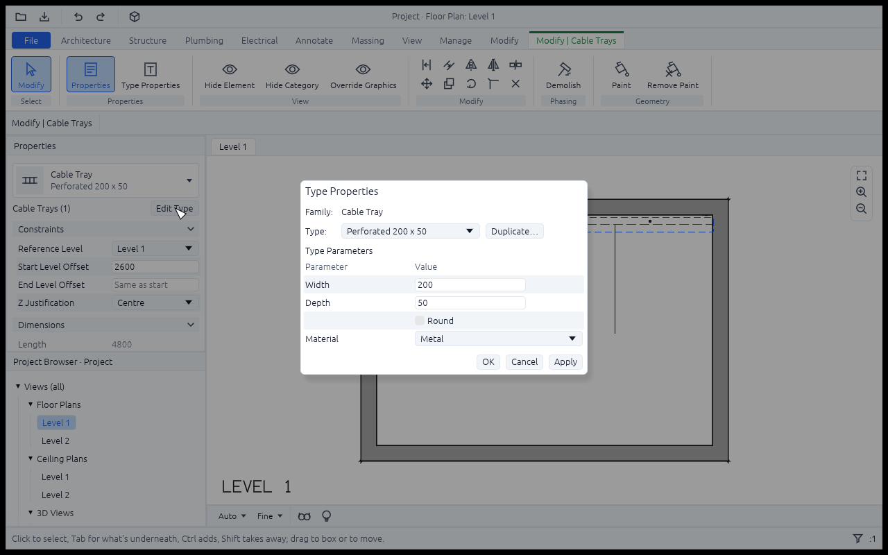 Type Properties of a cable tray selected in a plan: Perforated 200 x 50, its Width, Depth, a Round check box and its Material, Metal